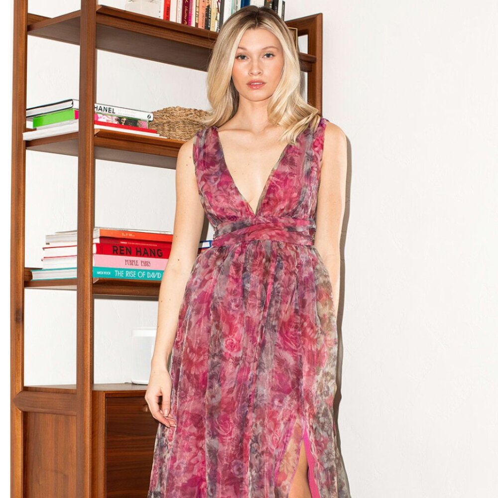 NEW WITH TAGS - Lulus Garden Romance Magenta Floral Print Maxi Dress LARGE